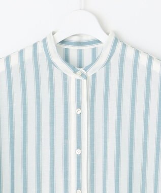 自由区 L 【洗える】テンセルリネンデザイン ブラウス オフ×ブルーストライプ