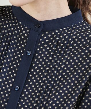 Tiaclasse 【新色追加・洗える】配色バンドカラー幾何学柄ワンピース ネイビー