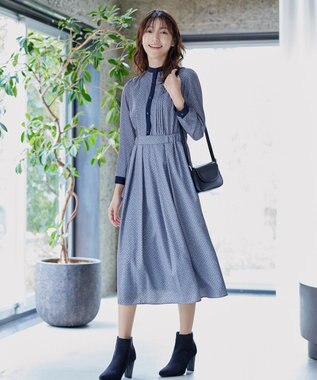 Tiaclasse 【新色追加・洗える】配色バンドカラー幾何学柄ワンピース ブルー