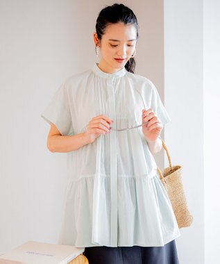 組曲 【洗える】ナチュラルローンギャザーフレア ブラウス スモーキーグリーン系