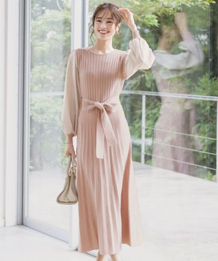 Tiaclasse 【洗える】パフ袖ニットコンビワンピース ピンク