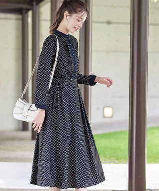 Tiaclasse 【新色追加・洗える】配色バンドカラー幾何学柄ワンピース ネイビー