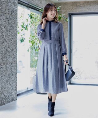 Tiaclasse 【新色追加・洗える】配色バンドカラー幾何学柄ワンピース ブルー