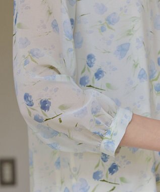 Tiaclasse 【洗える】花柄配色ボウタイブラウス ブルー×ネイビー