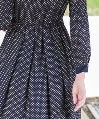 Tiaclasse 【新色追加・洗える】配色バンドカラー幾何学柄ワンピース ネイビー