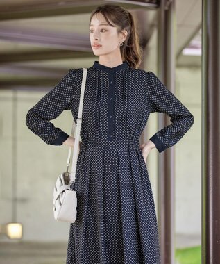 Tiaclasse 【新色追加・洗える】配色バンドカラー幾何学柄ワンピース ネイビー