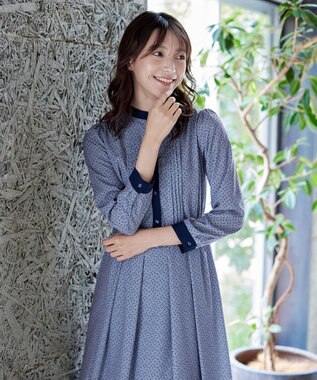 Tiaclasse 【新色追加・洗える】配色バンドカラー幾何学柄ワンピース ブルー