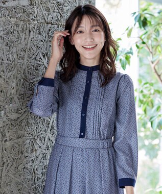 Tiaclasse 【新色追加・洗える】配色バンドカラー幾何学柄ワンピース ブルー