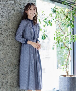 Tiaclasse 【新色追加・洗える】配色バンドカラー幾何学柄ワンピース ブルー