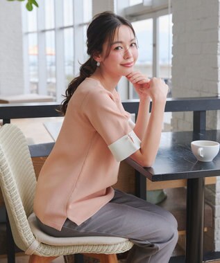 Tiaclasse L 【洗える】配色カフスニットトップス ピンク×オフホワイト