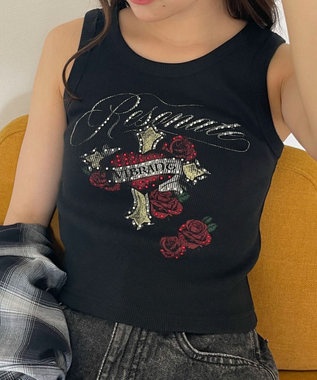 WEGO ラインストーンハートグラフィックタンク ブラック