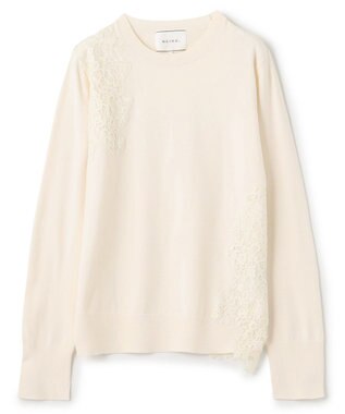 BEIGE， 【ご好評により新色追加！洗える】WILLOW / アシンメトリーレースクルーネックニット Ecru×Ecru