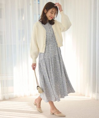 Feroux 【洗える】フラワープリントドロスト ワンピース スカイブルー系