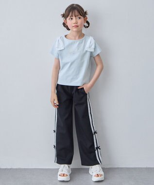 ANY KIDS 【綿100%】肩リボン×ラインストーンロゴ 半袖Tシャツ サックスブルー