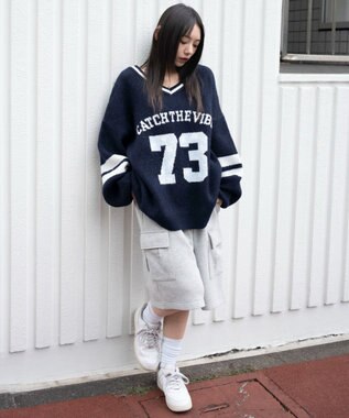 WEGO 【25年秋冬新作】フラッフィーVネックニットBIGプルオーバー Dブルー