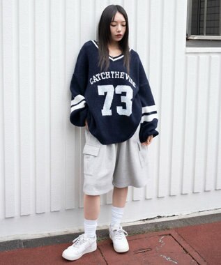 WEGO 【25年秋冬新作】フラッフィーVネックニットBIGプルオーバー Dブルー