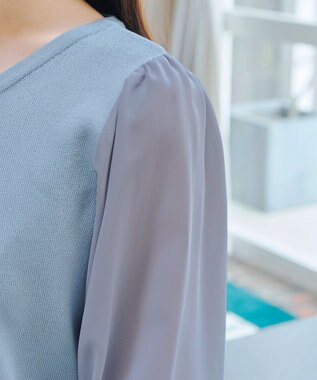 Tiaclasse L 【洗える】パフスリーブコンビカーディガン サックス