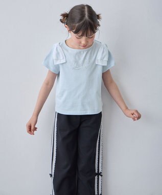 ANY KIDS 【綿100%】肩リボン×ラインストーンロゴ 半袖Tシャツ サックスブルー