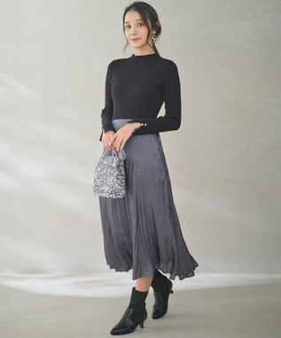 ANY SIS 【洗える】オーロラサテンコンビ ワンピース ブルーグレー×ブラック