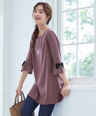  【洗える】グログランリボン付きフリル袖チュニック