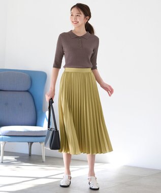 ANY 【ウエストゴム】リネンライクエアーヴィンテージ プリーツスカート イエローグリーン