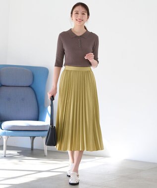 ANY 【ウエストゴム】リネンライクエアーヴィンテージ プリーツスカート イエローグリーン