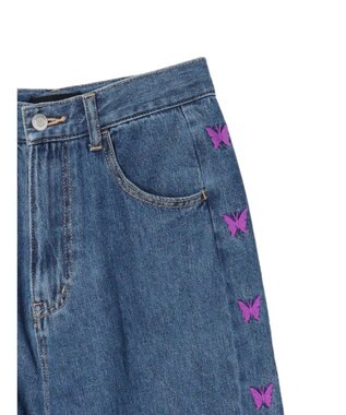 Green Parks ・Ｄｏｕｂｌｅ　Ｆｌａｇｓ　チョウチョ刺繍フレアデニム Light Indigo