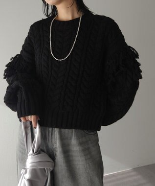 Green Parks フリンジスリーブショート丈ケーブルニット Black