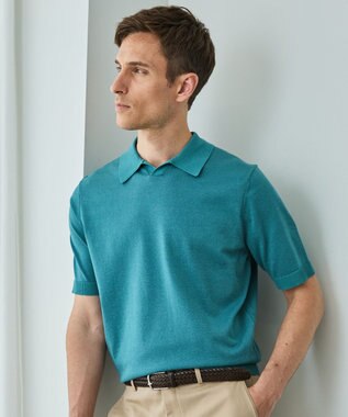 GOTAIRIKU 【洗濯機可】テーラード DRESS BIZ スキッパーニットポロ ピーコックグリーン系
