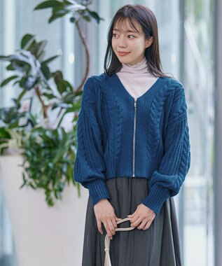 Tiaclasse 【洗える】ケーブル編みショート丈カーディガン ブルー