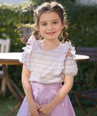 ANY KIDS オン・オフショルダー ボーダー Tシャツ ラベンダー系