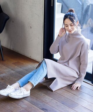 Tiaclasse 【洗える】華のあるニットタートルワンピース ラベンダー