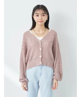 earth music&ecology 透かし編みテープヤーンカーディガン Pink