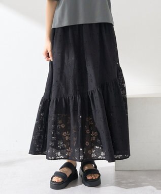 earth music&ecology 透かし花柄フレアスカート Black