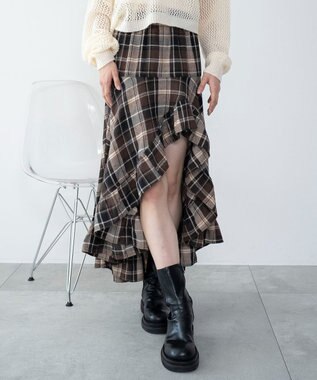 WEGO チェックアシンメトリーフリルロングスカート ブラウンチェック1