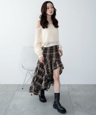 WEGO チェックアシンメトリーフリルロングスカート ブラウンチェック1