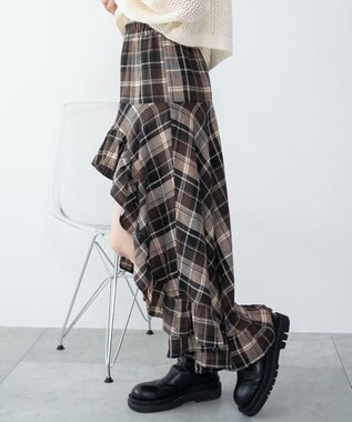 WEGO チェックアシンメトリーフリルロングスカート ブラウンチェック1