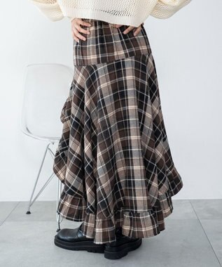 WEGO チェックアシンメトリーフリルロングスカート ブラウンチェック1