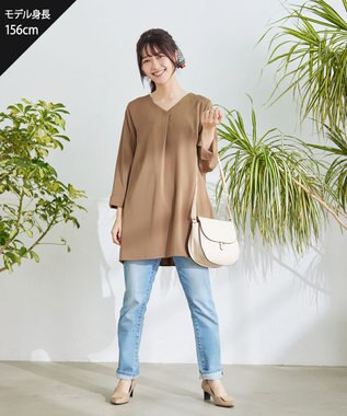 Tiaclasse 【洗える・スマート裏起毛】バックプリーツチュニックブラウス ベージュ