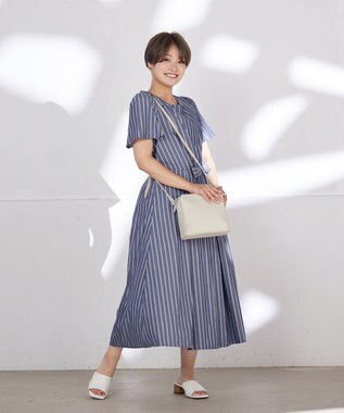 Tiaclasse L 【洗える】ストライプアシンメトリーリボンワンピース ネイビー