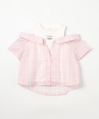 ANY KIDS 肩あきドッキング チェックシャツ ピンク