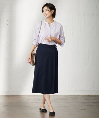 J.PRESS LADIES L ピンストライプジャージー バンドカラー スキッパー カットソー ふじ色系1