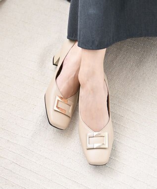 Pointer 日本製 バックルモチーフスクエアトゥパンプス ベージュ(ヌメ)