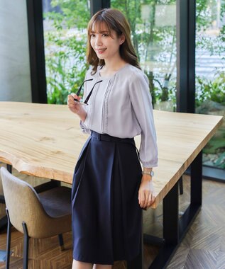 Tiaclasse 【ダブルストレッチ・洗える】ベルト付きタックスカート ネイビー