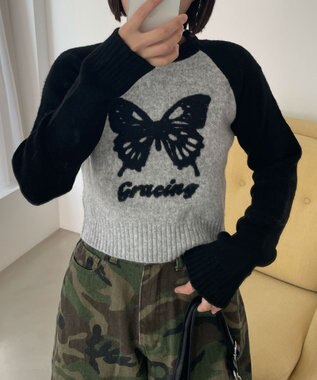 WEGO フラッフィーグラフィックちびニット ブラック