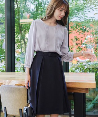 Tiaclasse 【ダブルストレッチ・洗える】ベルト付きタックスカート ネイビー