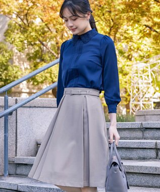 Tiaclasse 【ダブルストレッチ・洗える】ベルト付きタックスカート グレー