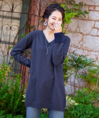 Tiaclasse L 【洗える】幅広く活躍が期待できるVネックリブニットチュニック ネイビー×ネイビー