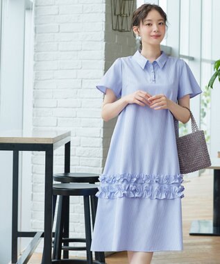 Tiaclasse シャツカラーフリルワンピース サックス