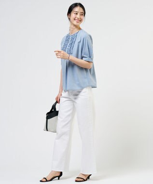 J.PRESS LADIES ライトタンブラー フリル ブラウス ブルーシャンブレー系